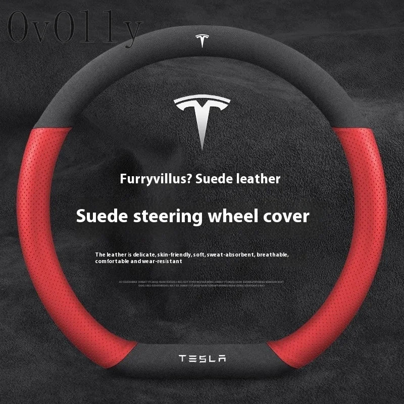 Suede Anti-slip Leather Car Steering Wheel Cover Auto Accessories for Tesla Model 3 Highland Y Juniper S Model X Roadster