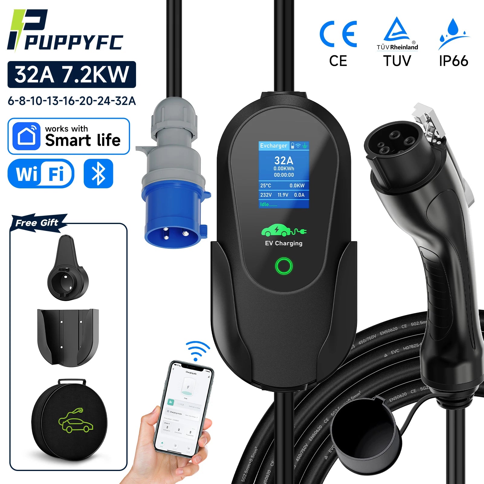 Puppyfc 7.2KW Portable EV Charger 32A Type1/Type 2Fast Home Electric Car Charging Station WiFi Control IP66 Waterproof Overload