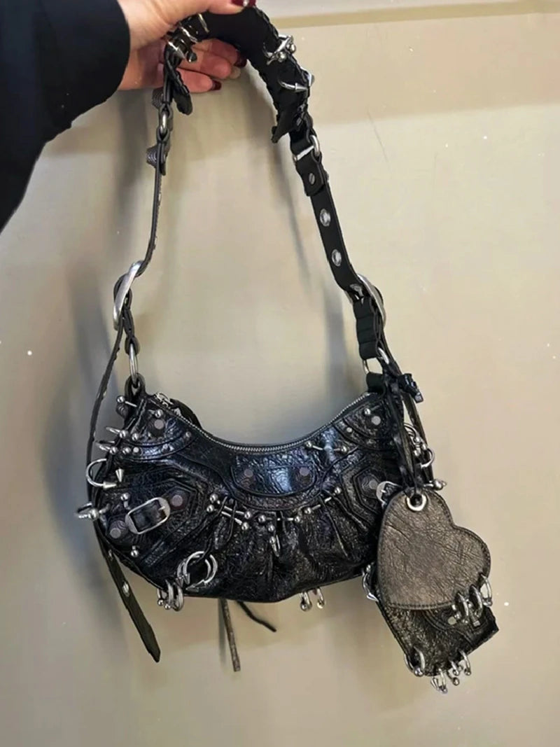 Women's Punk Bag Set, White Crumpled Tote With Matching Wristlet, Studded Design & Metal Hardware, Versatile Day To Night Wear