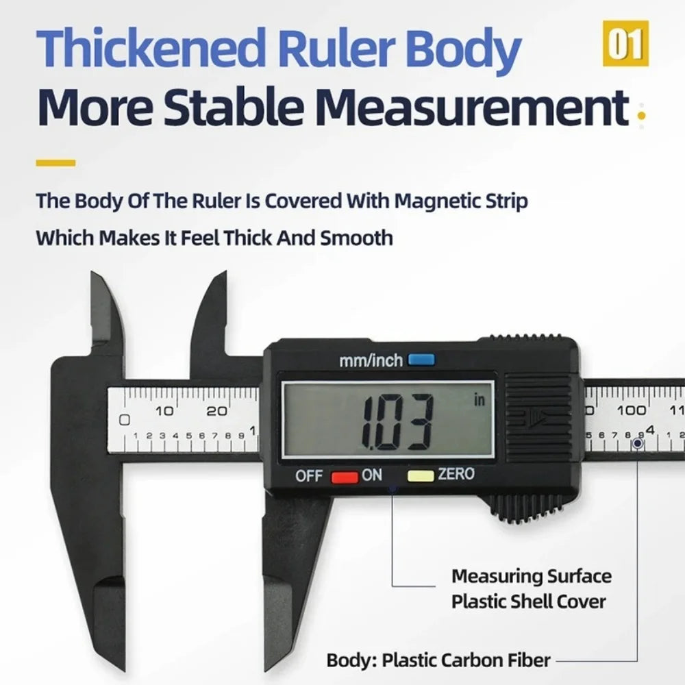 Digital Vernier Caliper 150mm Electronic Measuring Tool Carbon Fiber Ruler for Student Classroom Home Office Precision Gauge