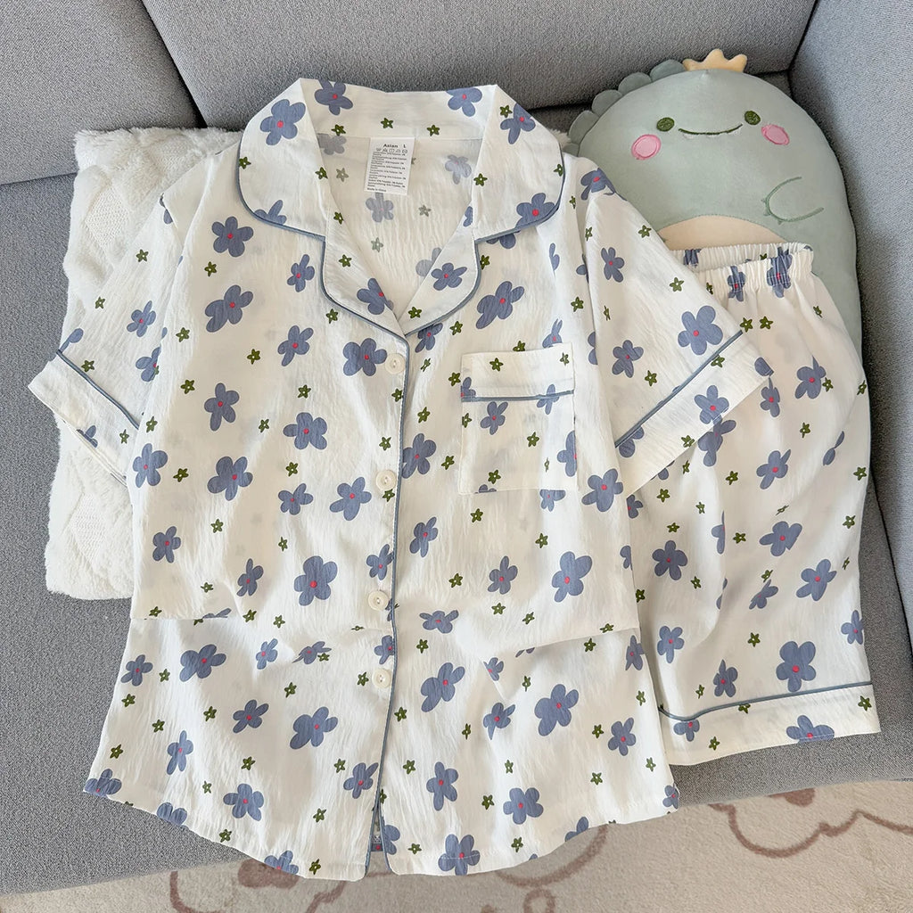 Women's Summer Pajamas, Thin Floral Pattern Short-Sleeved Shorts, Sweet and Cute, Can Be Worn Outside in Summer, Two-Piece Home Wear Set