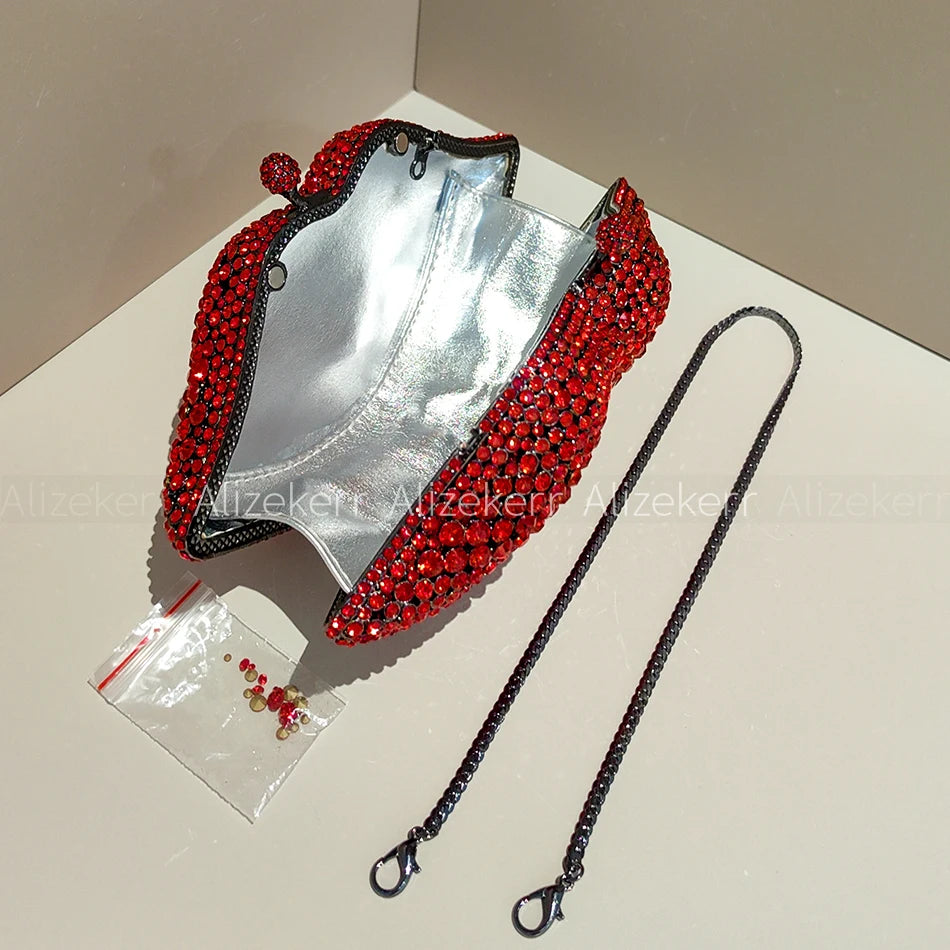 Alizekerr Lips Shaped Diamond Evening Bags Women Gorgeous Boutique Unique Rhinestone Metallic Purses And Handbags Wedding Party