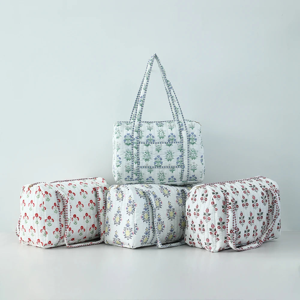 Large Quilted Travel Bag For Women Weekender Bag Floral Block Print Cotton Luggage Overnight Duffle Bags