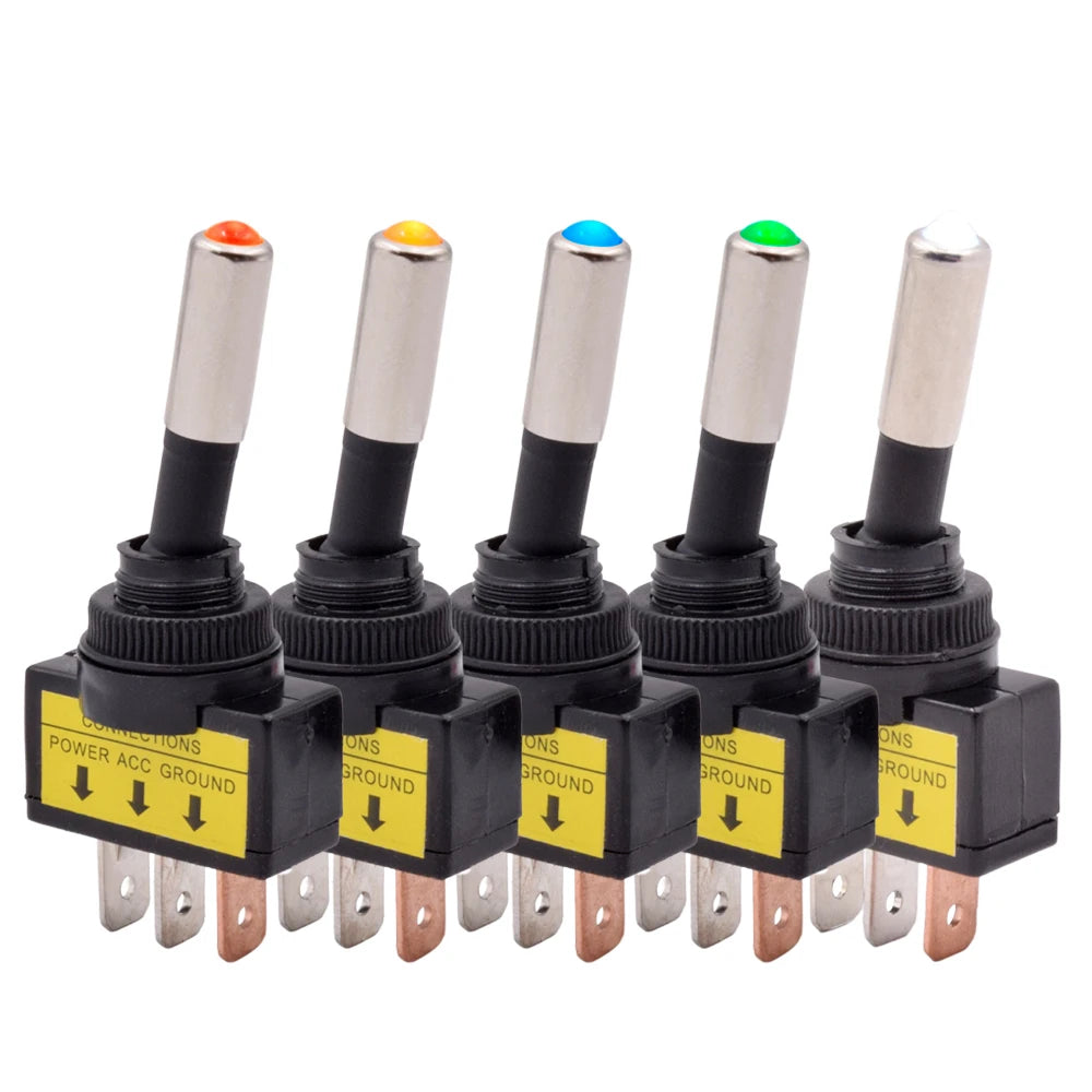 5/10pcs 12mm Auto Car LED Illuminated Toggle Switch ASW-15D SPST 2 Position 3pin ON OFF 12V 24V DC Red Green Blue Yellow White