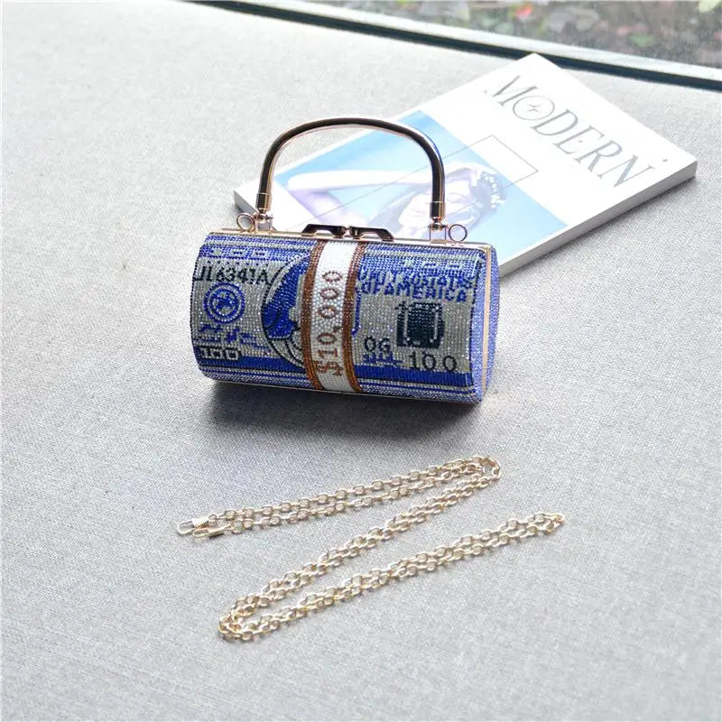 Luxury Money Clutch Rhinestone Purse 10000 Dollars Stack of Cash Evening Handbags Shoulder Wedding Dinner Bag Wallet
