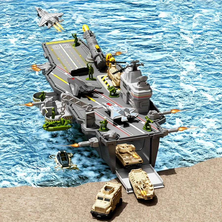 Children's Aircraft Carrier Toys Set with Military Action Figures, Aircraft Toys, Military Tanks, Helicopters and Fighter Jets