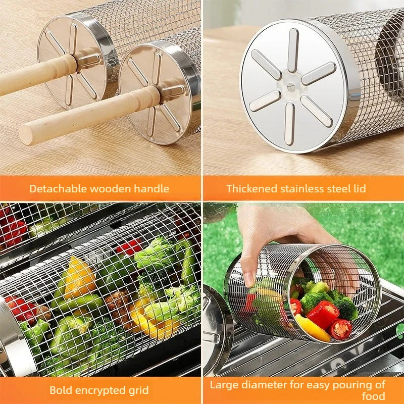 Rolling Grill Basket with Removable Wooden Handle,304 Stainless Steel,Nesting Grilling Tool,Smoker BBQ Accessories for Vegetable
