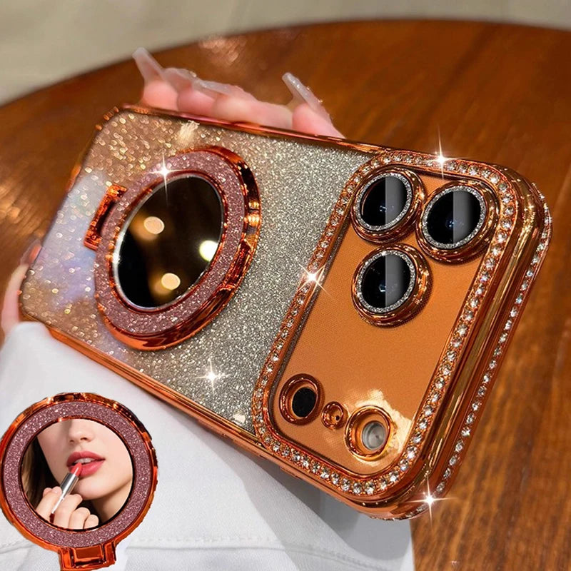 Gradient Glitter Diamond Magnetic Case For iPhone 17 16 15 14 13 12 11 ProMax Plus For Magsafe Mirror Stand Cover For iPhone Air