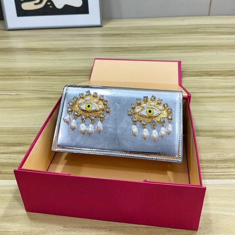 Luxury Designer Clutch Evening Bag Female High Quality Eye Motif Pearl Tassel Crystal Chain-Link Accents Elegant Shoulder Bag