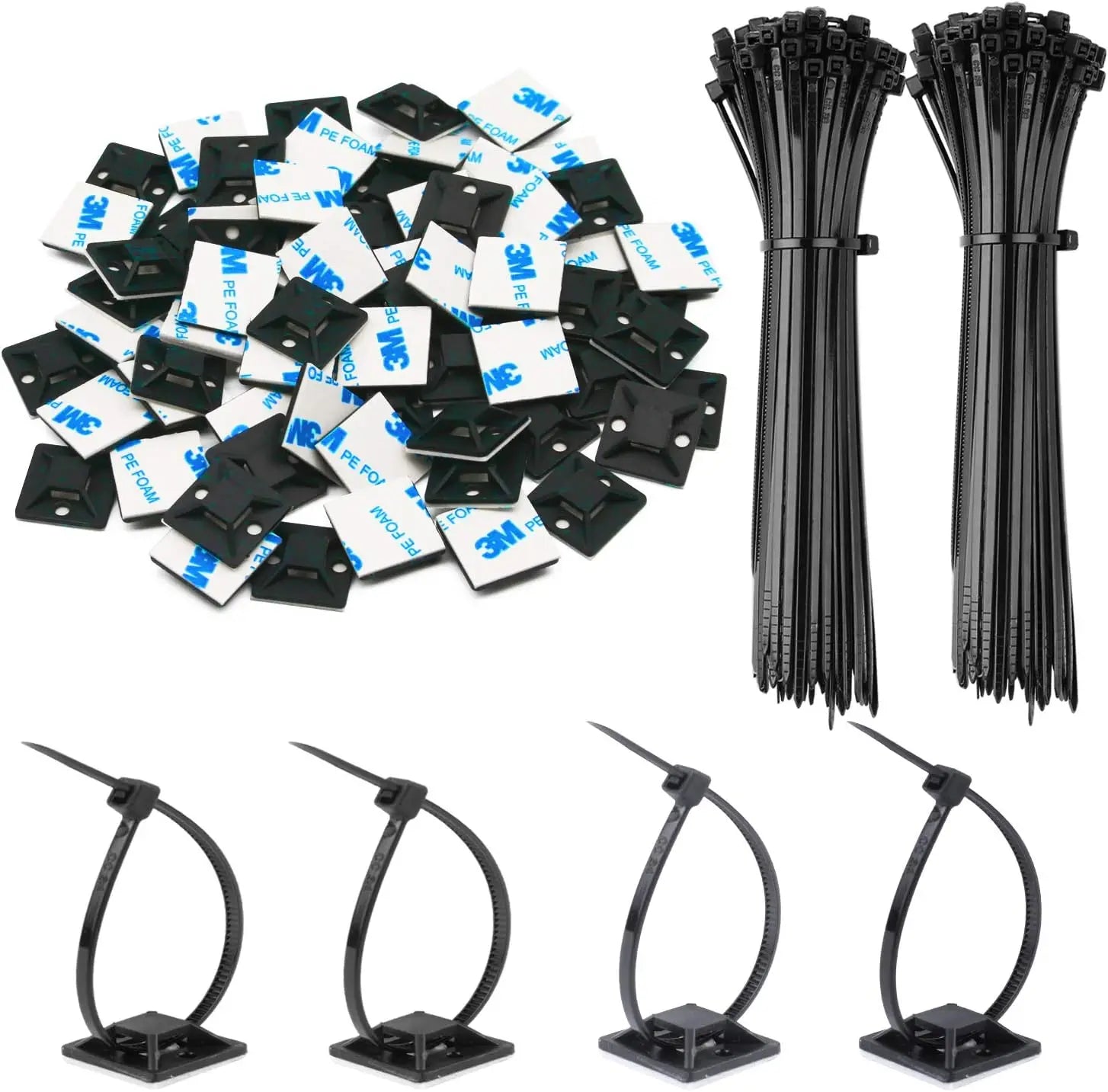 100pcs Self-Locked Nylon Cable Tie+ Nylon Square Plastic 3M Self Adhesive Wire Zip Fixed Seat Holder Cable Tie Mount Base