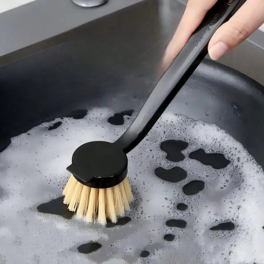 Durable Fiber Bristles Heavy-Duty Kitchen Scrub Brush Comfort Grip Long Handle Dish Cleaning Wand For Tough Grease Versatile Scrubber For Pots Pans
