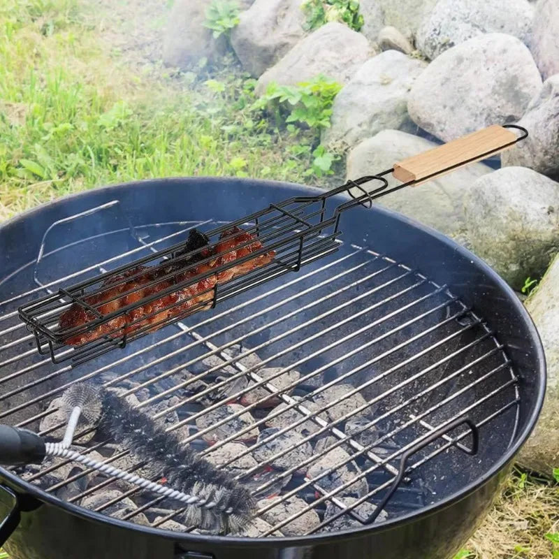 1pc Portable BBQ Grilling Basket Stainless Steel Nonstick  Mesh for Meat Vegetable Hamburger Barbecue Tool