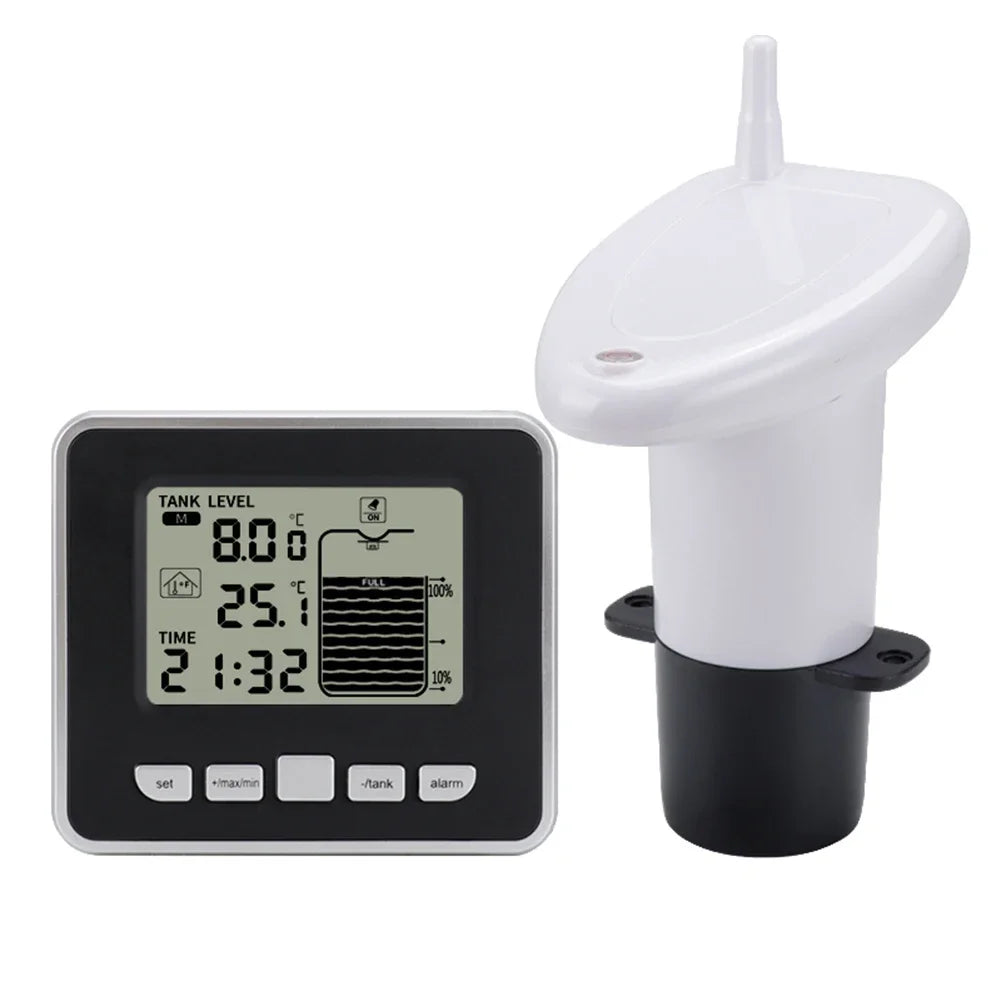 Ultrasonic Water Tank Liquid Level Meter Temperature Sensor Time Display W/ Alarm Ultrasonic Water Tank Liquid Depth Level Meter