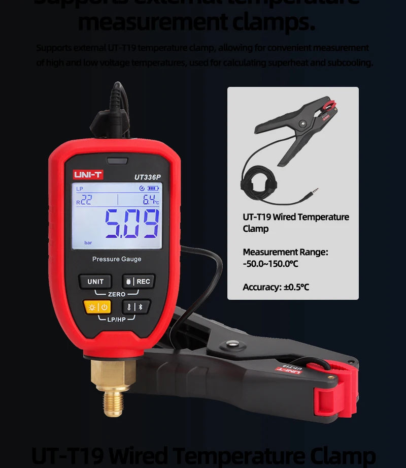 UNI-T UT336P KIT Digital Pressure Gauge Kit with UT-T19 Temperature Gauge Bluetooth APP Clamp for HVAC Maintenance
