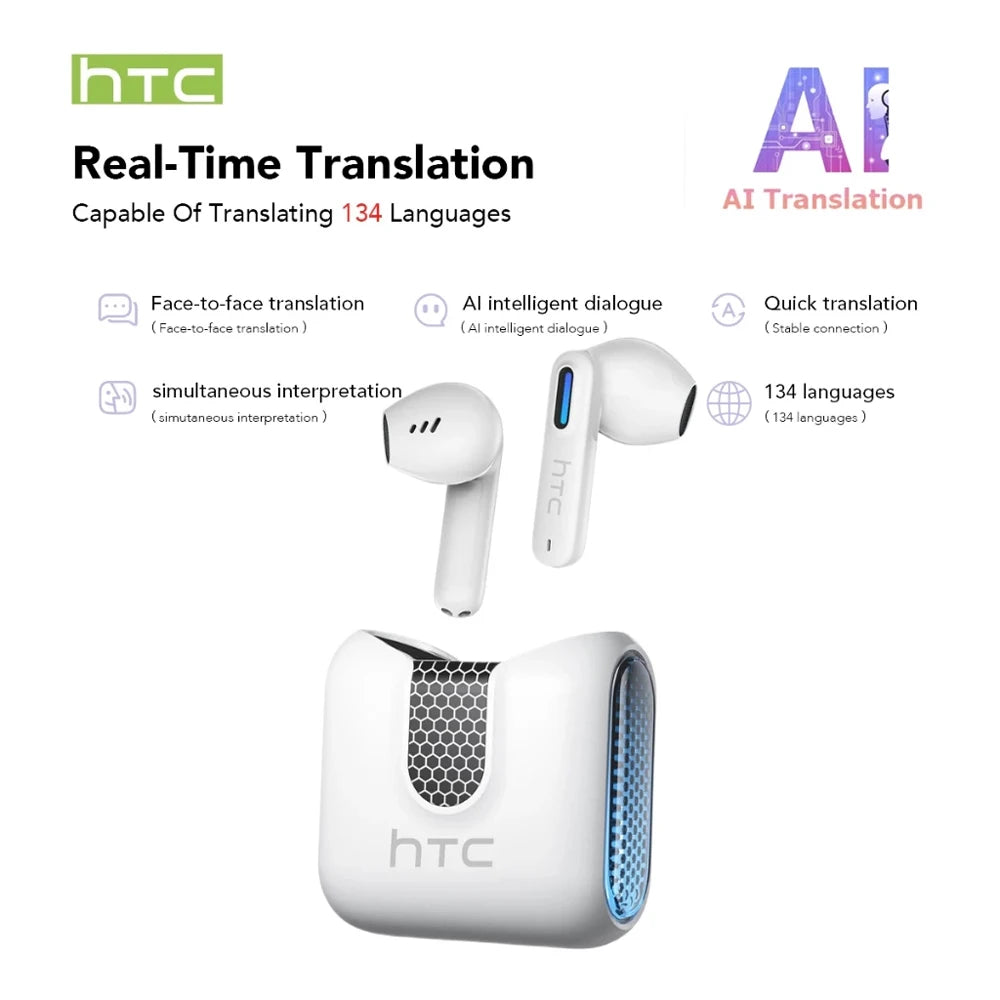 2026 Language Translator Earbuds HTC NE49 TWS Low Latency Gaming Earphones Bluetooth HiFi Stereo Sound HD Call With Mic