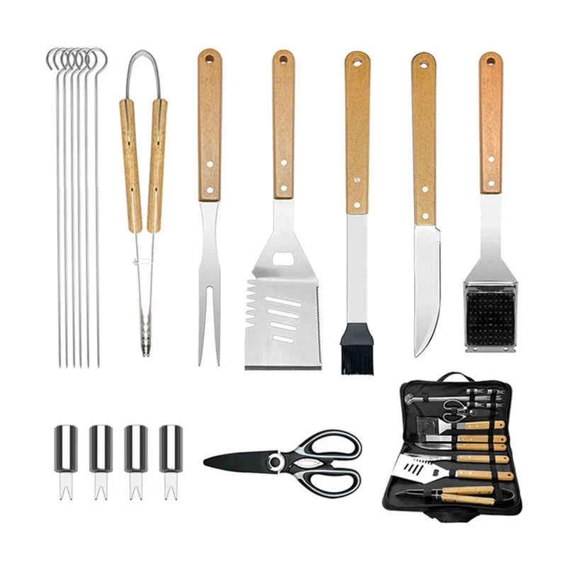 Outdoor Camping Barbecue Tool Combination Wooden Handle Fork Shovel Clip BBQ Accessories Cloth Bag Stainless Steel Grill Set