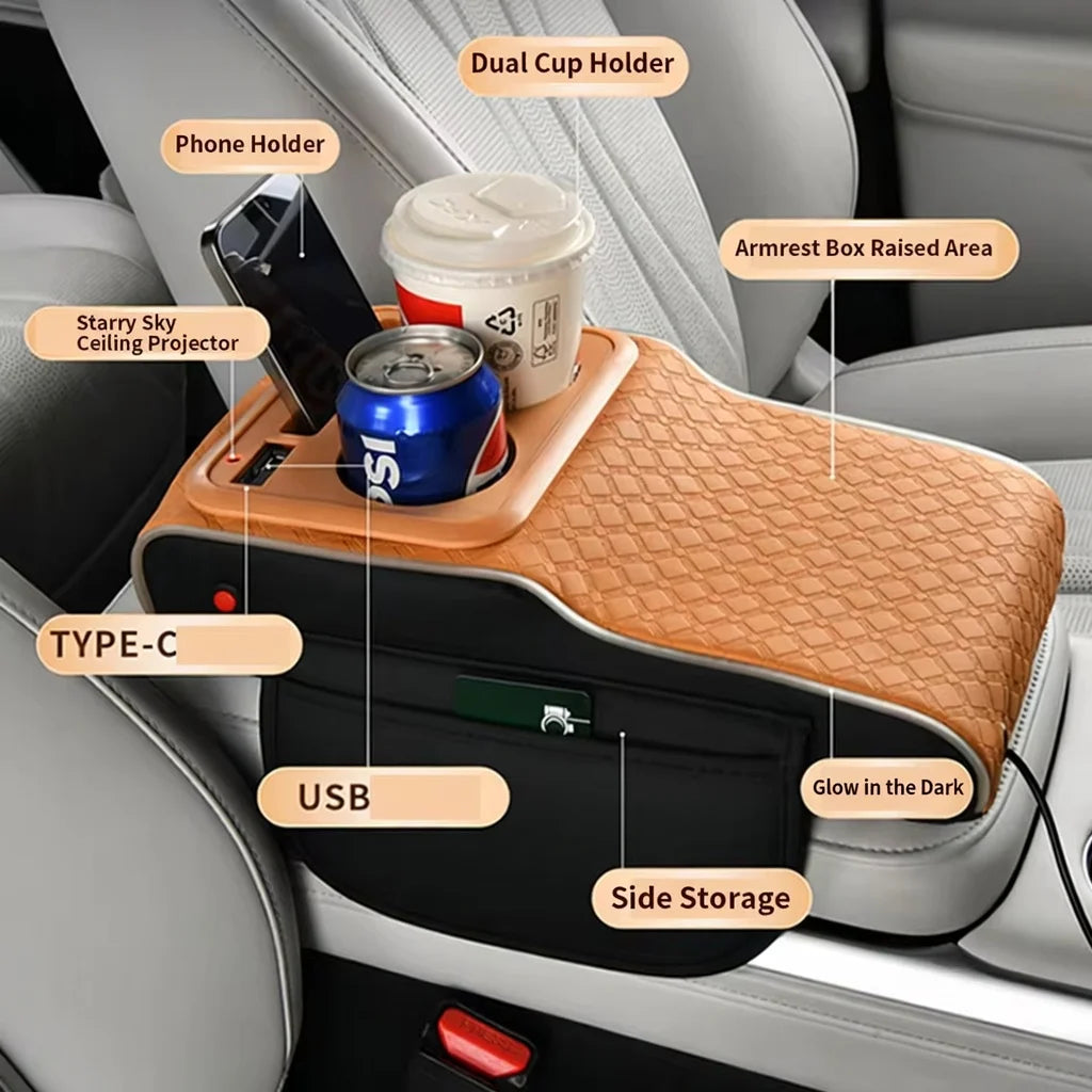 A Multifunctional Car Armrest Box with Interchangeable Cover, Featuring a Starry Laser Projection, Side Light-Emitting Strips, Dual Type-C/Usb Charging Ports for Mobile Phones, Easily Transforms into a Cup Holder, Tissue Box,