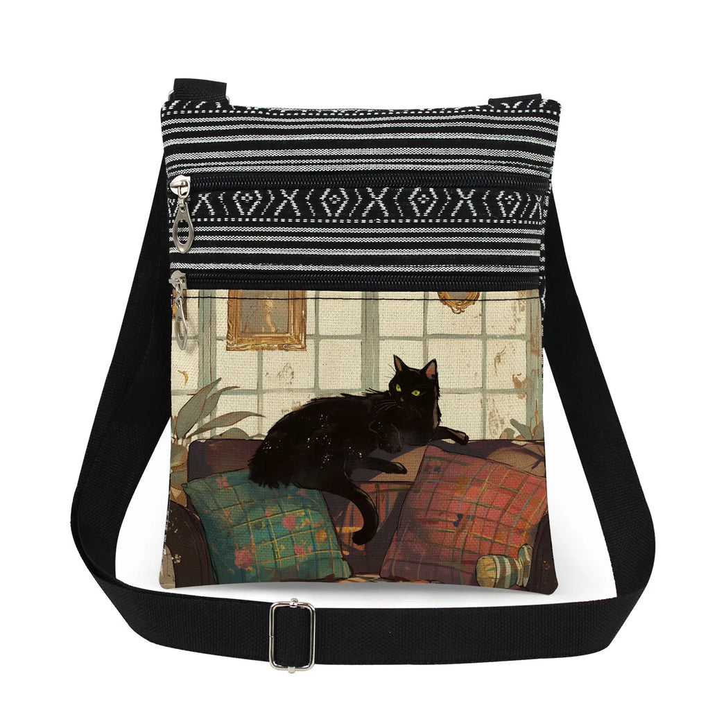 Cute Cartoon Black Cat Print Crossbody Bags Shoulder Bags For Women Daily Travel Portable Small Messenger Bags Catkeeper Gift