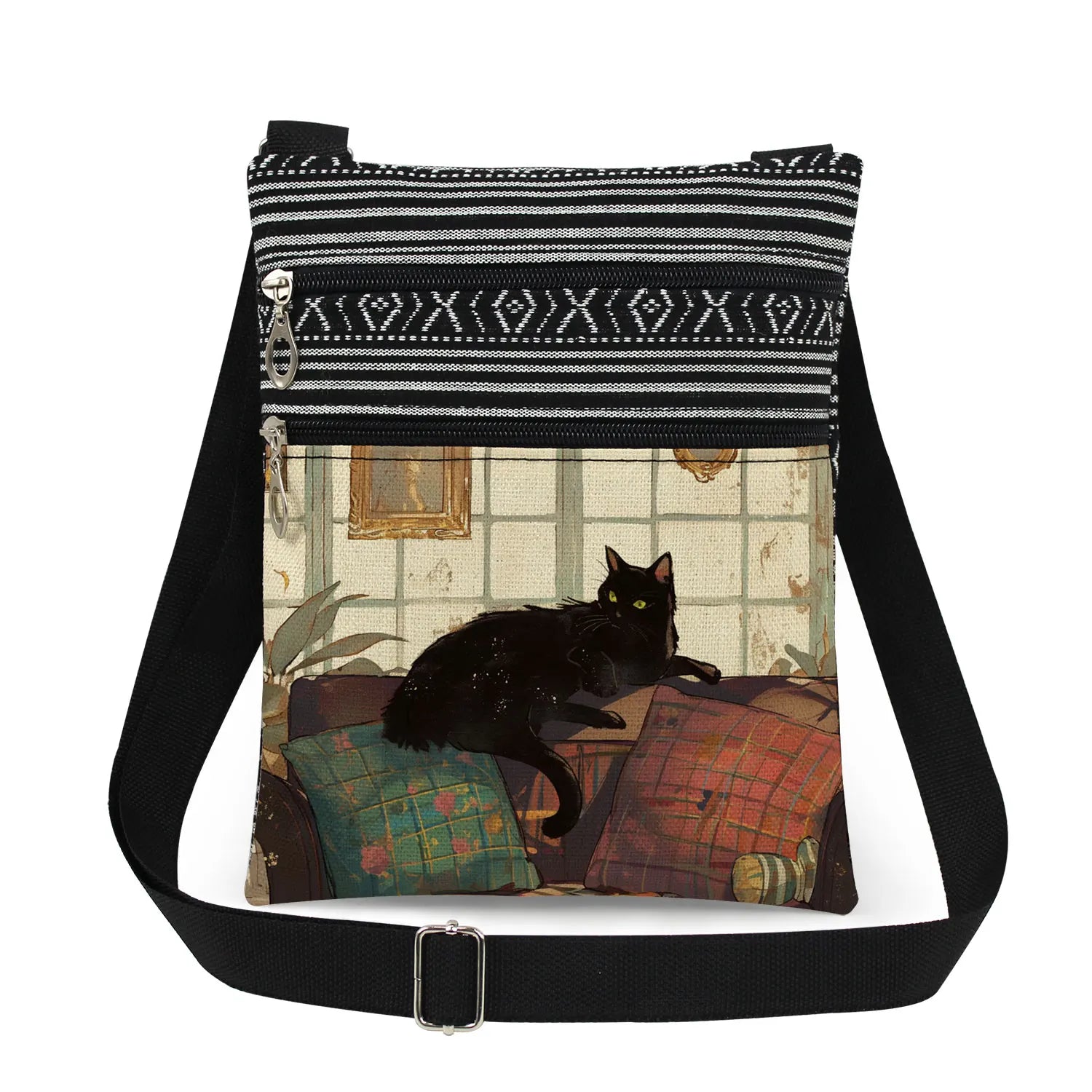 Cute Cartoon Black Cat Print Crossbody Bags Shoulder Bags For Women Daily Travel Portable Small Messenger Bags Catkeeper Gift