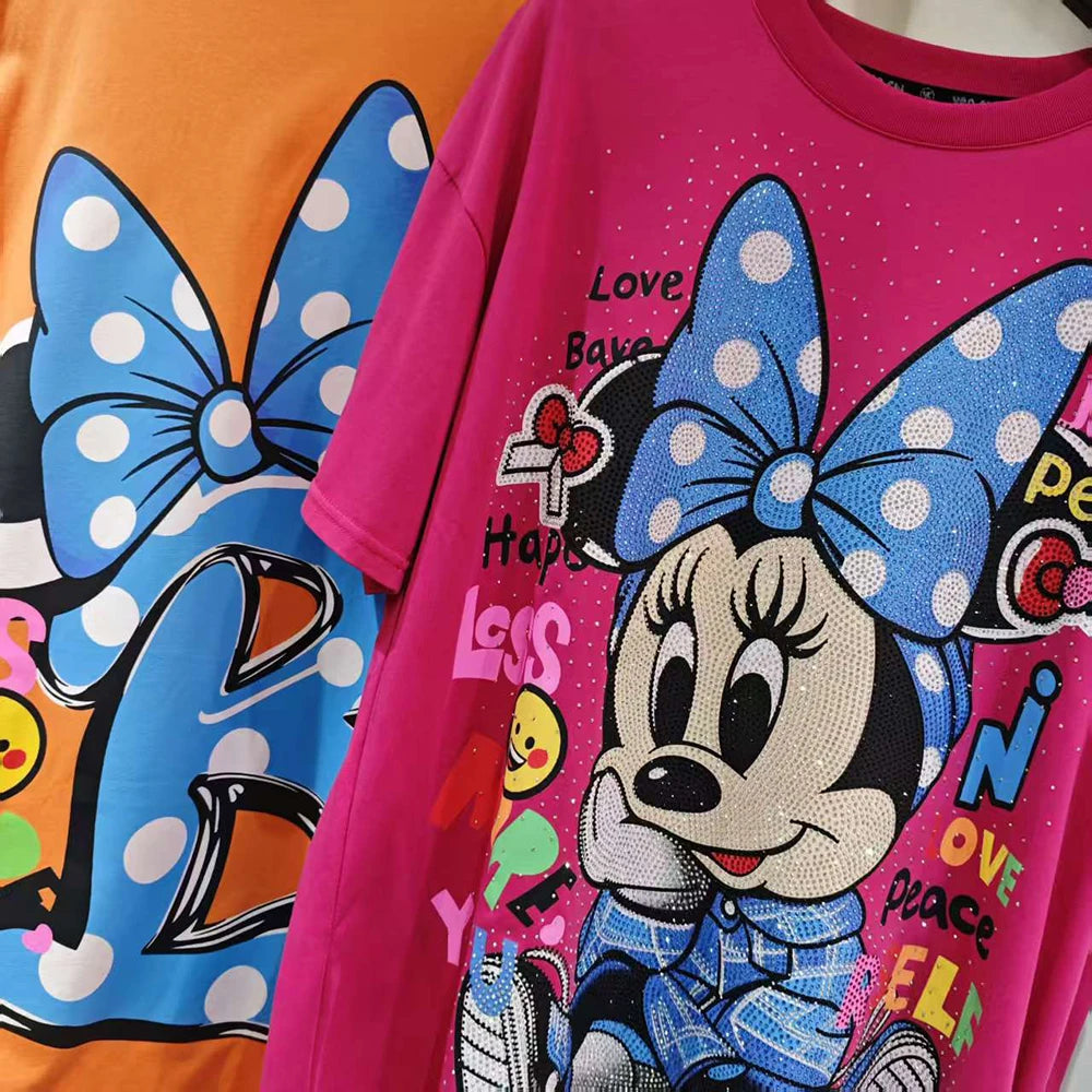 Plus Size Tee Summer Spring New Fashion Design Women Beading Luxury Cartoon Animal Print  Loose Top T-Shirt