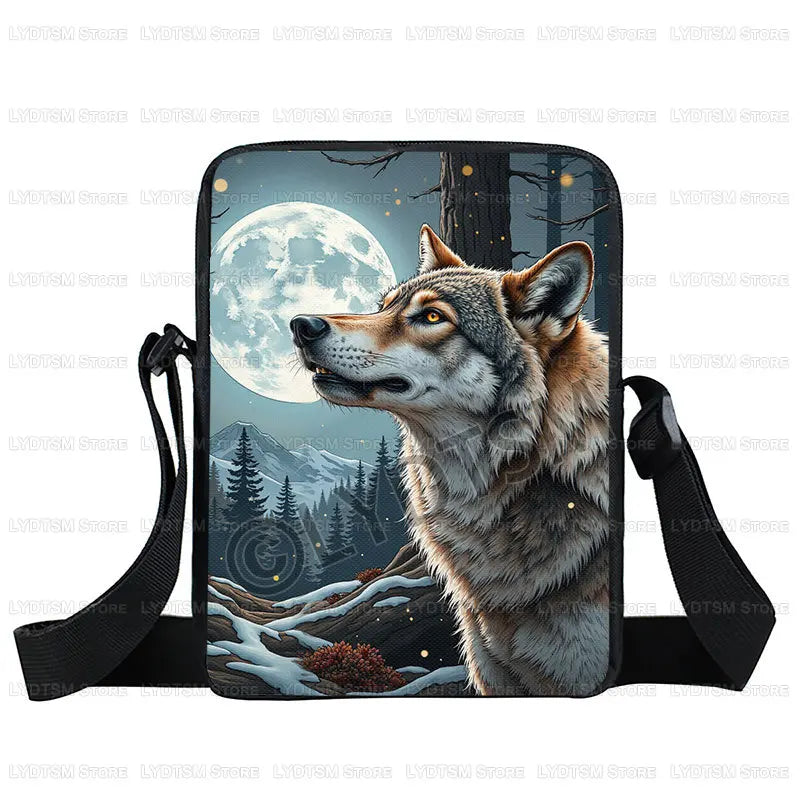 Cool Moon and Howling Wolf Print Crossbody Bag Women Handbag Student Bookbags Phone Wallet Holder Messenger Bags Gift