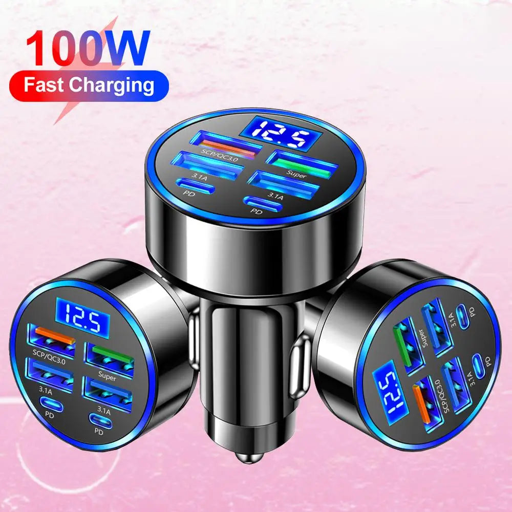 6 Ports Car Charger Fast Charging QC3.0 6 In 1 4USB 2PD Car Phone Charger For IPhone Adapter