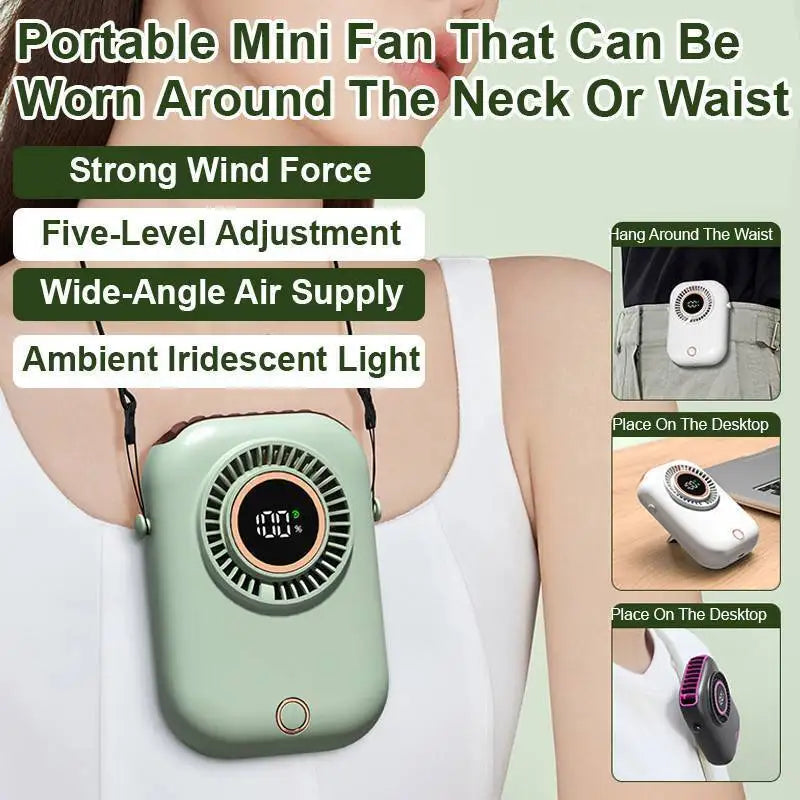 Outdoor Portable Neck Fan with Digital Display - Mini Rechargeable, Multi-Speed Adjustable, Suitable for Various Scenes