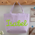 Custom Seersucker Cosmetic Handbag and Travel Organizer — Personalized Chenille Letter Toiletry Bag and Summer Beach Tote