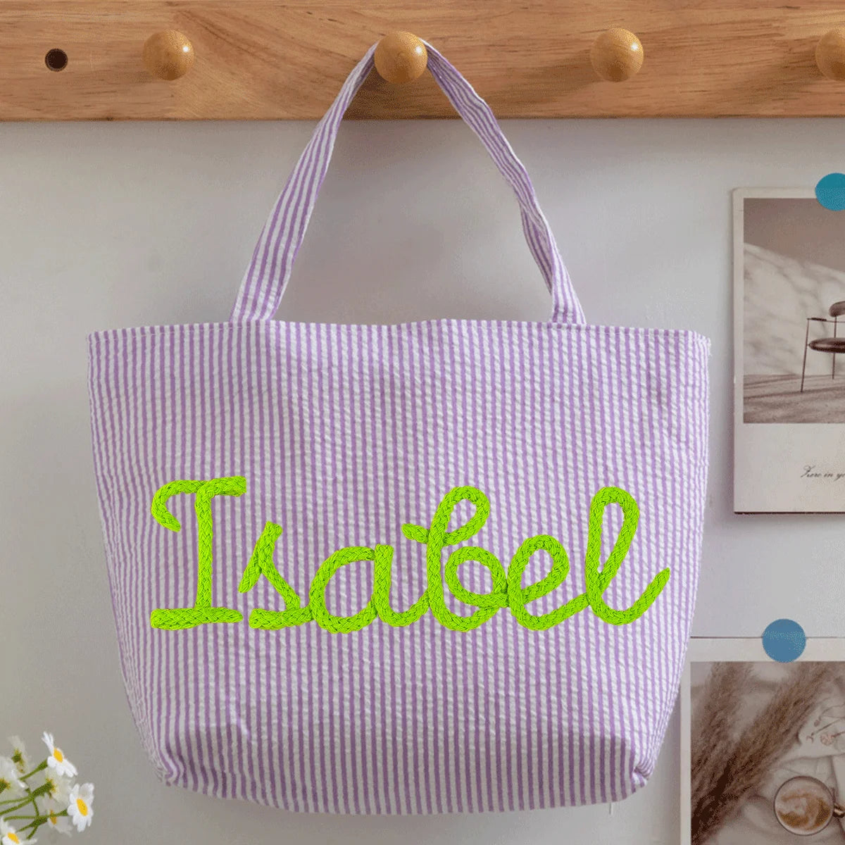 Custom Seersucker Cosmetic Handbag and Travel Organizer — Personalized Chenille Letter Toiletry Bag and Summer Beach Tote