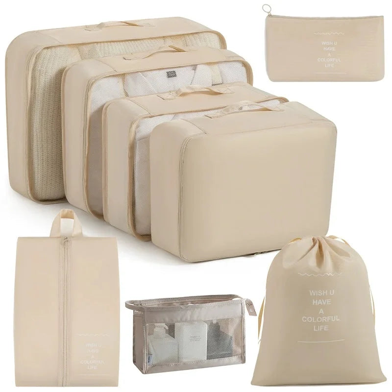 Travel Organizer Set 7/8/9/ Pcs Packing Cubes Suitcase Storage Bags Portable Luggage Tidy Pouch for Clothes & Shoes Folding