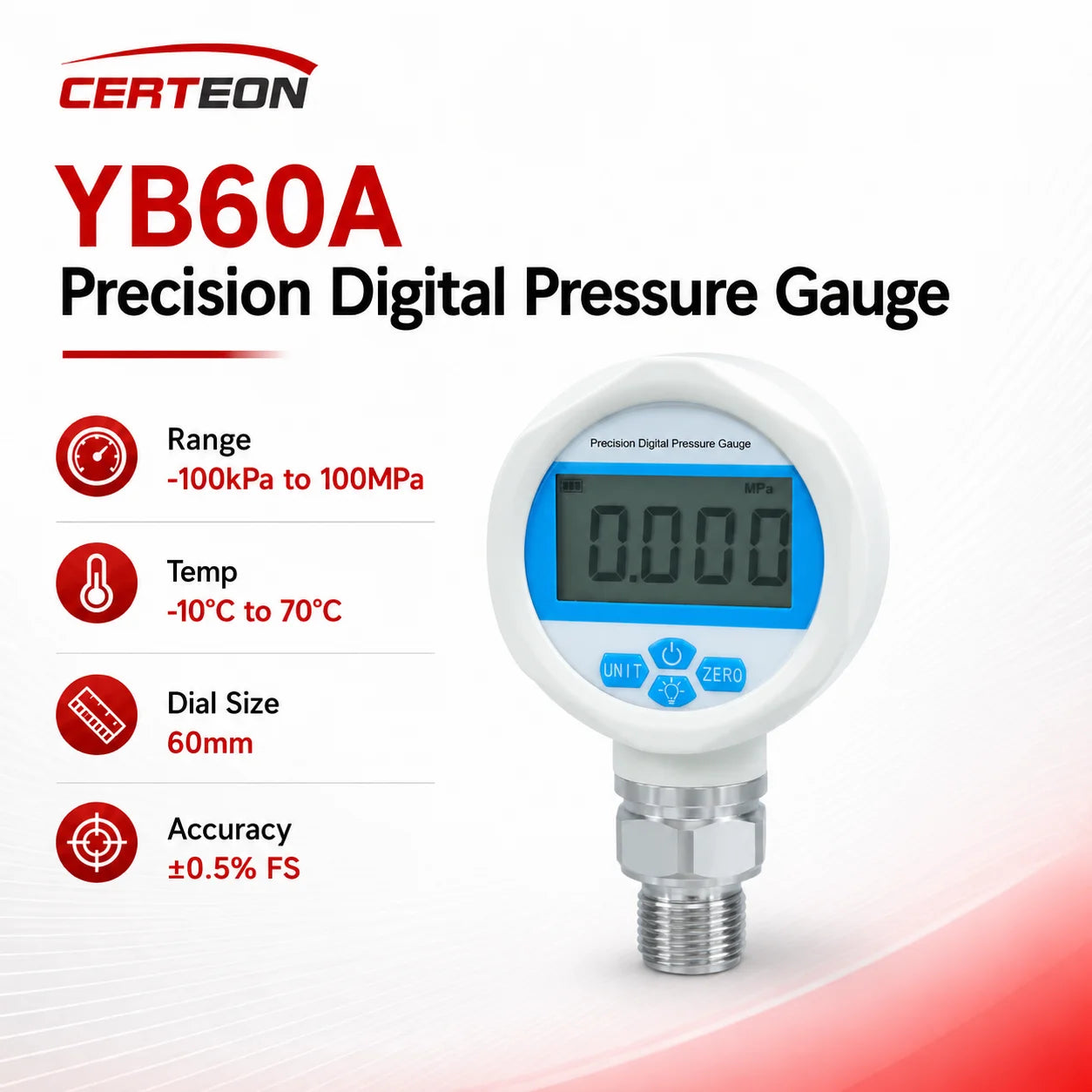 YB60A Precision Digital Pressure Gauge Vacuum Positive Negative 100MPa Stainless Steel M20x1.5 Petroleum Air Compressor