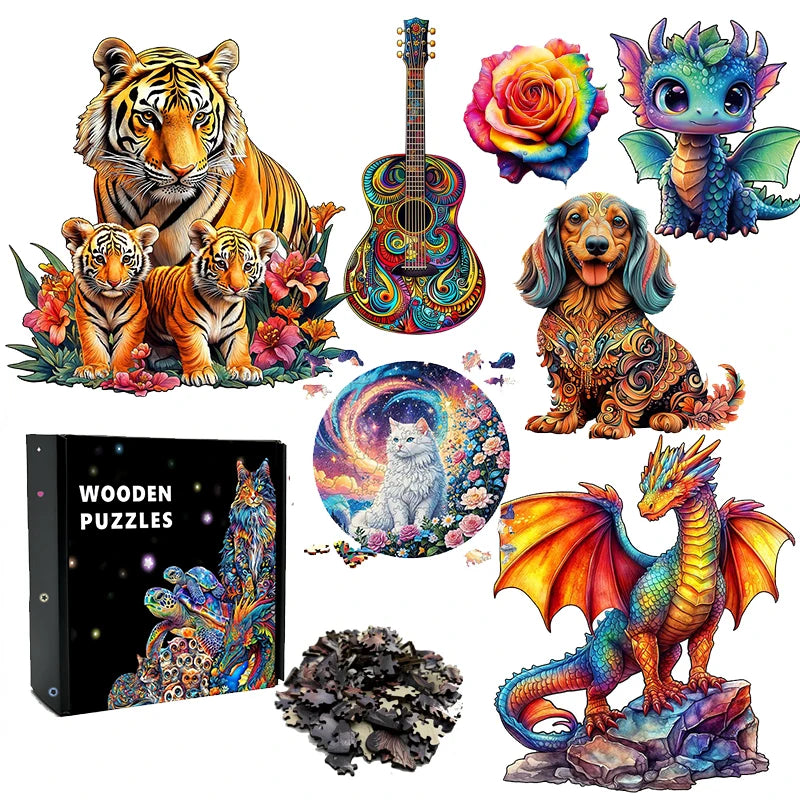 Unique Brain Training Animal Shape 3D Tiger Animal Jigsaw Puzzle Educational Wooden Toy Gift for Adults Kids Interactive Games