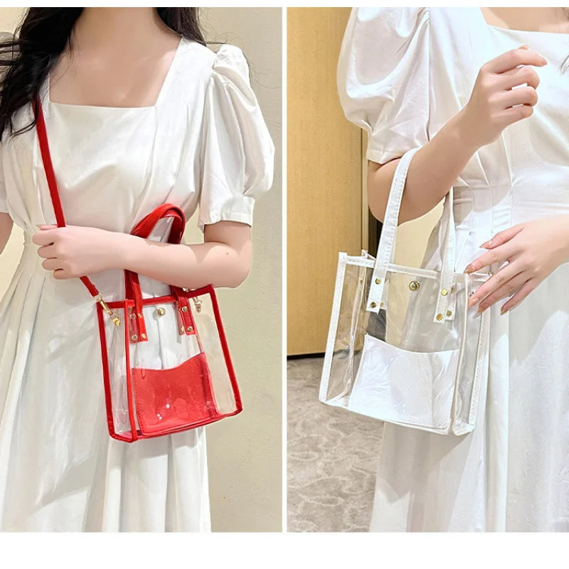 Women Mini Clear PVC Tote Bag Summer Transparent Jelly Handbag With Detachable Crossbody Strap
