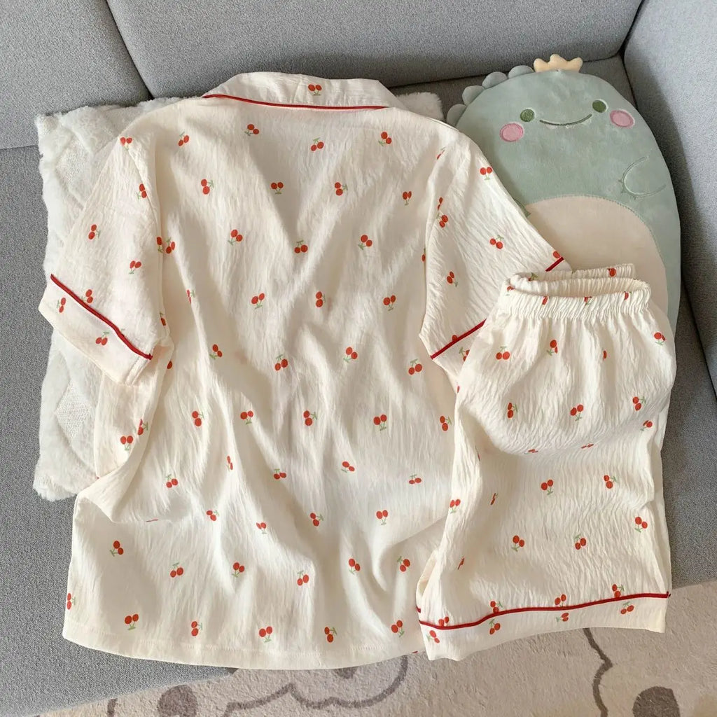 Women's Summer Pajamas, Thin Cherry-Patterned Short-Sleeved Shorts, Sweet and Cute, Can Be Worn Outside in Summer, Two-Piece Home Wear Set