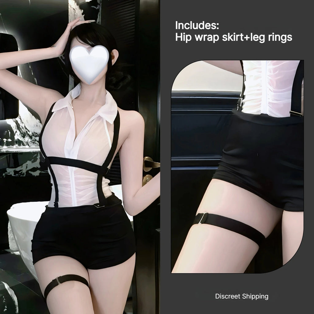Sexy OL Secretary Cosplay Lingerie Set Deep V Sheer Mesh Sling Outfit Backless Office Uniform for Night Dating Party Wear