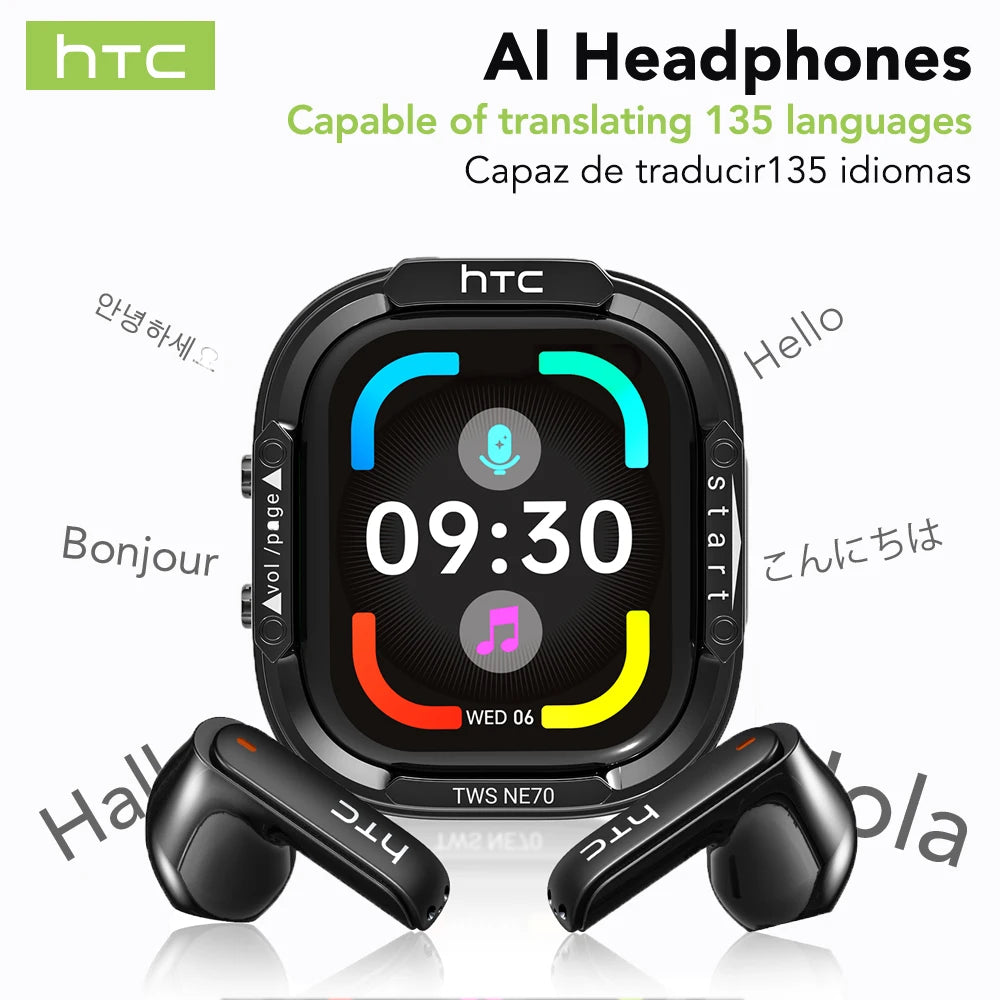 Bluetooth Wireless Headset HTC NE70 AI Real-Time Translator Earbuds 134 Languages Video Subtitle Touch LED Screen BT6.0 HiFi