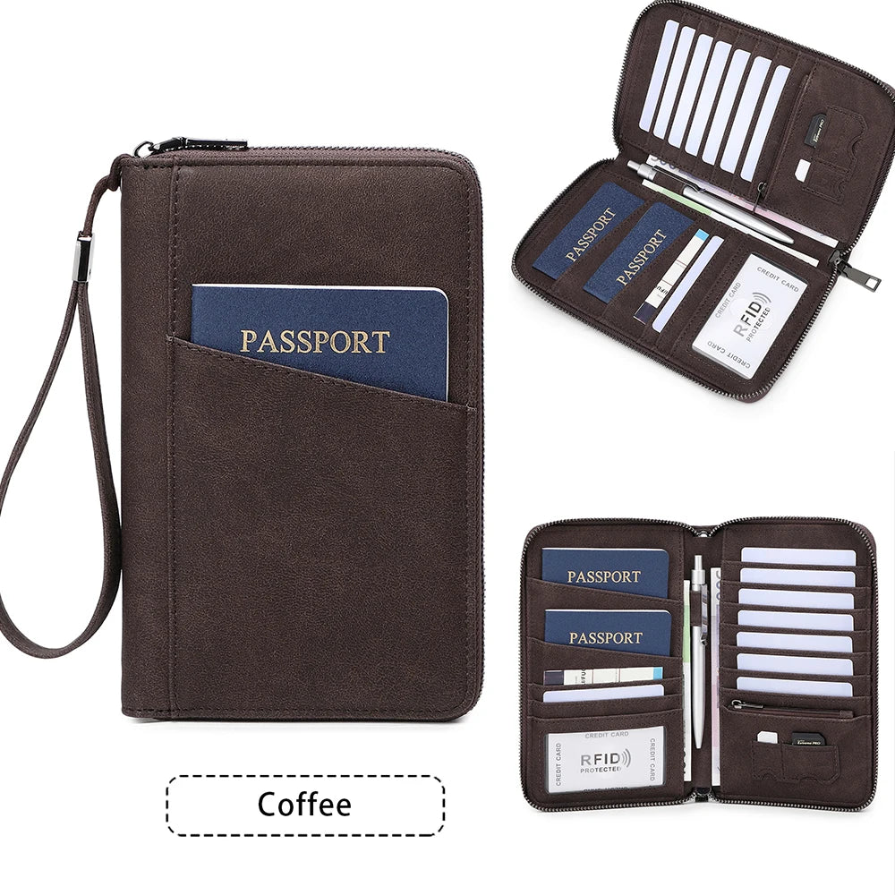 Multi-Functional RFID Blocking Passport Bag Travel Document Holder with Long Zipper Ticket Storage Wallet for Multiple Passports