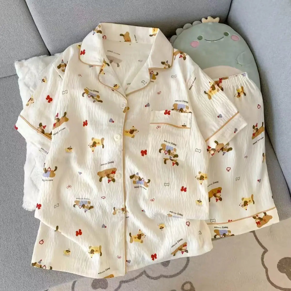 Summer Pajamas for Women, Thin Style with Puppy Pattern, Short-Sleeved Shorts, Sweet and Cute, Can Be Worn Outside in Summer, Home Wear Set, Two-Piece Set