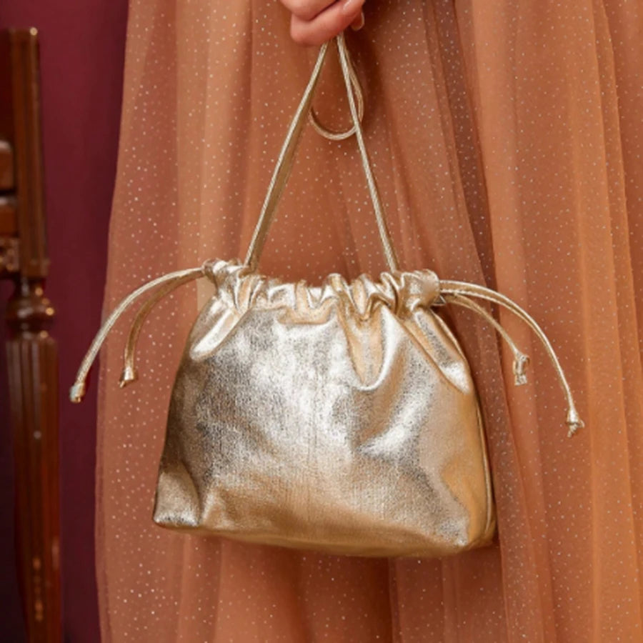 Golden Drawstring Lightweight Portable Evening Bag Sunday Party Shopping Versatile Handbag to Store Mobile Phone Shoulder Bag