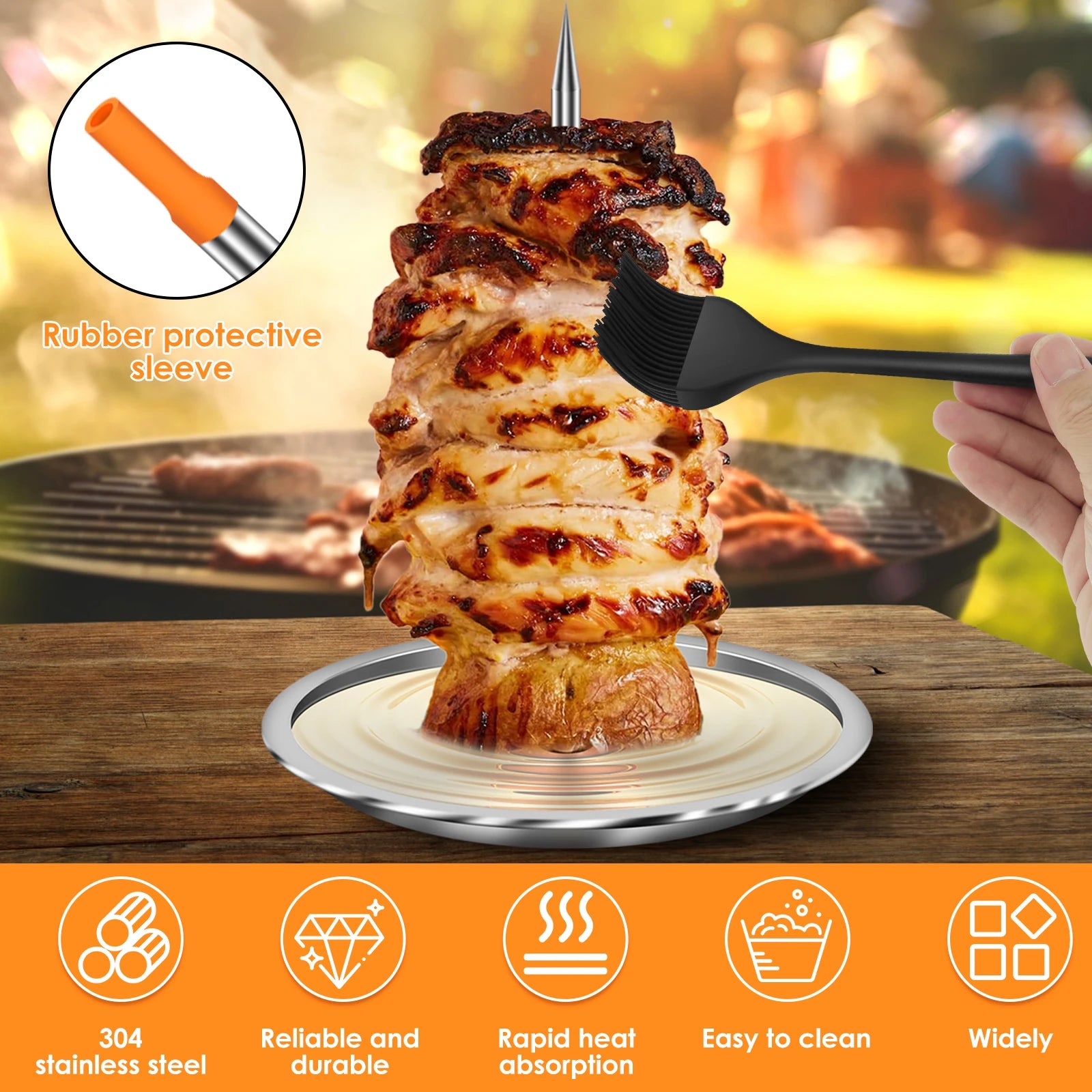 Vertical Skewer for Grill Stainless Steel Pastor Skewer with 2 Removable Vertical Spit Stand Dishwasher Barbecue Grilling Tools