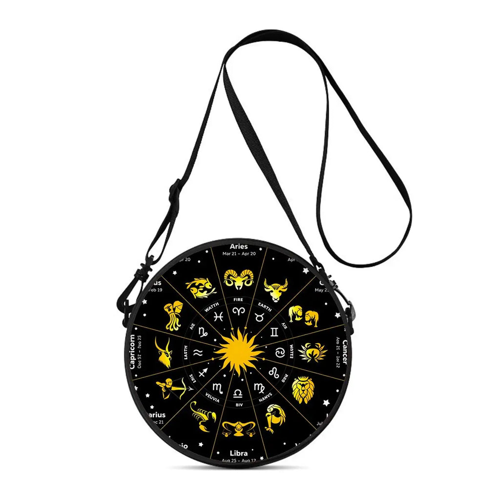 12 Constellations Round Shoulder Bag Casual Messenger Bag Daily Adjustable Strap Crossbody Bag for Woman Best Gifts 2D Flat