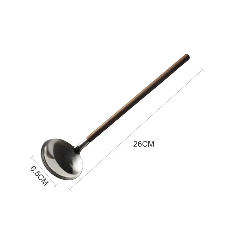 Japanese Wooden Handle Soup Spoon 304 Stainless Steel Mini Strainer Spoon Spatula Hot Pot Ladle Tableware Colander Cooking Tools