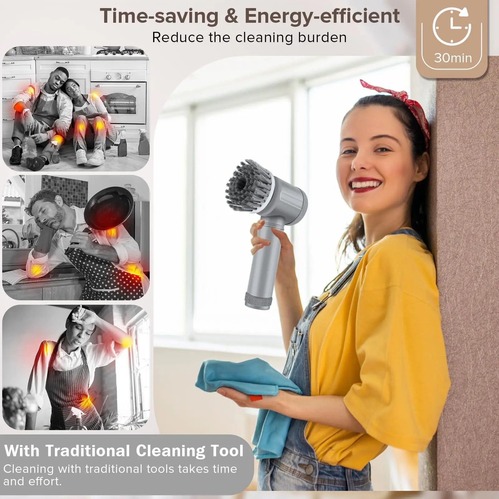 Electric Cleaning Brush Handheld Usb Rechargeable Ipx6 Waterproof 6 Replaceable Heads For Kitchen Bathroom Shoe Tile Cleaning