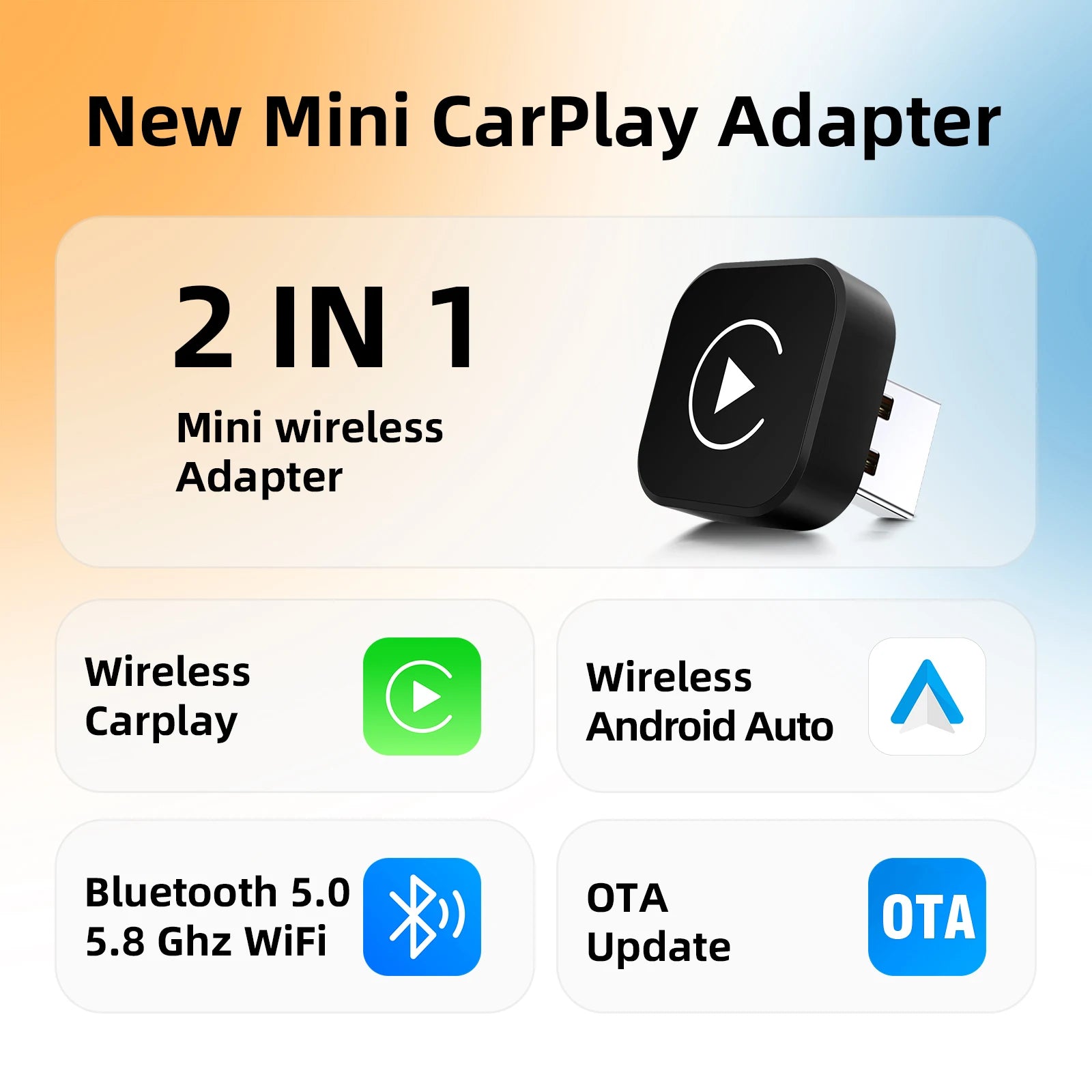 2in1 Smart Mini Box Wireless CarPlay Android Auto Adapter for Factory Wired Car, Wireless CarPlay Android Auto WiFi Fast Connect