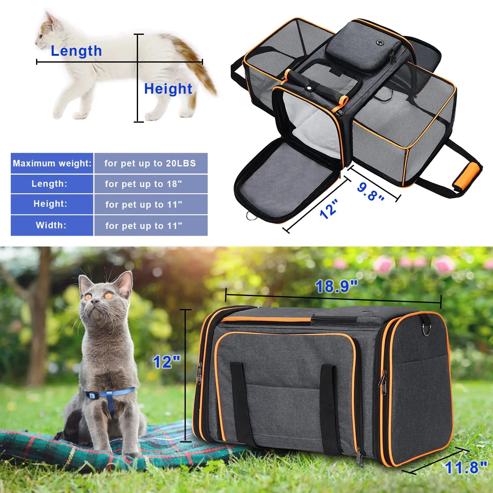 Large Reversible Expandable Cat and Dog Carrier - With Fleece Pad and Pockets for Cats/Dogs Up to 24 Lbs Travel Pet Carrier