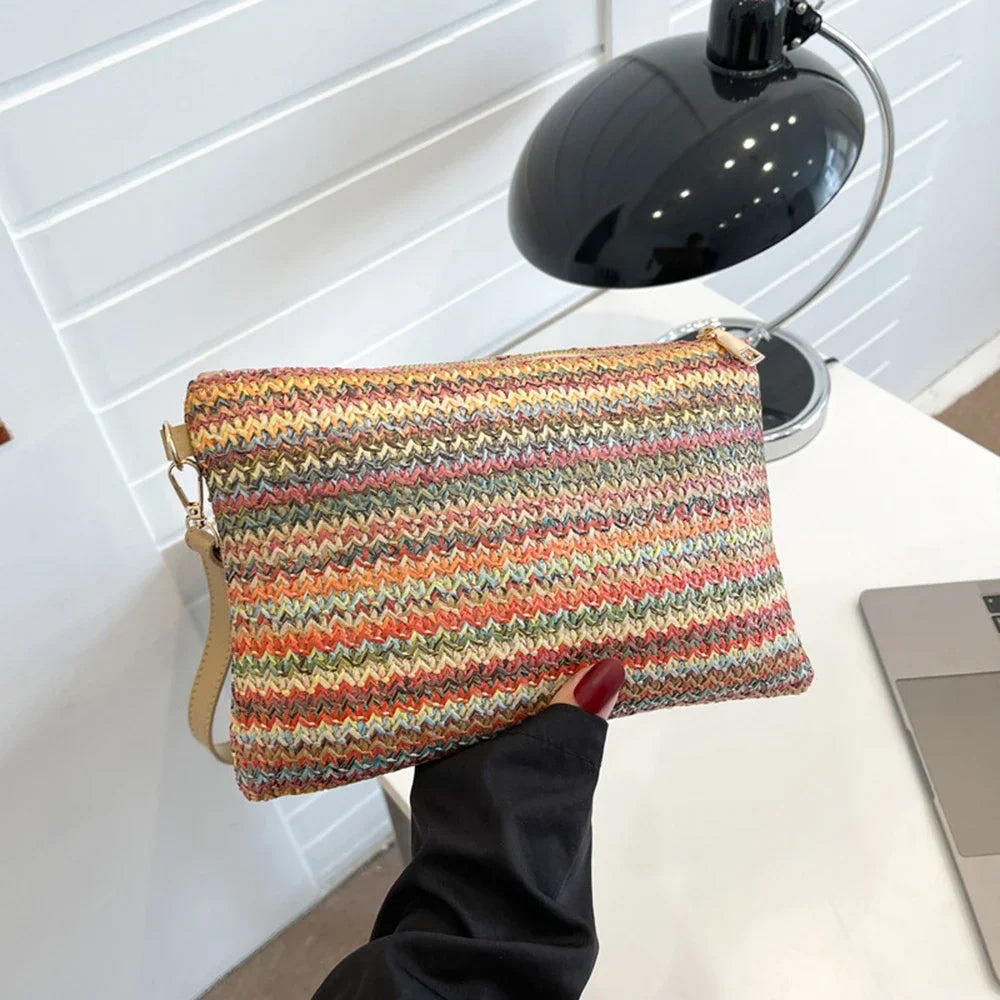 Vintage Hand Woven Clutch Bag Colourful Money Beach Long Bag Handmade Casual Portable Elegant Exquisite for Weekend Vacation