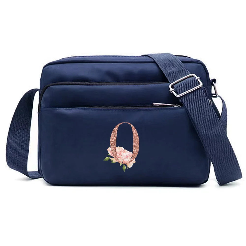 Large Capacity Travel and Commuting Storage Blue Bag Rose Gold Series Print Pattern Multi-layer One Shoulder Crossbody Bag