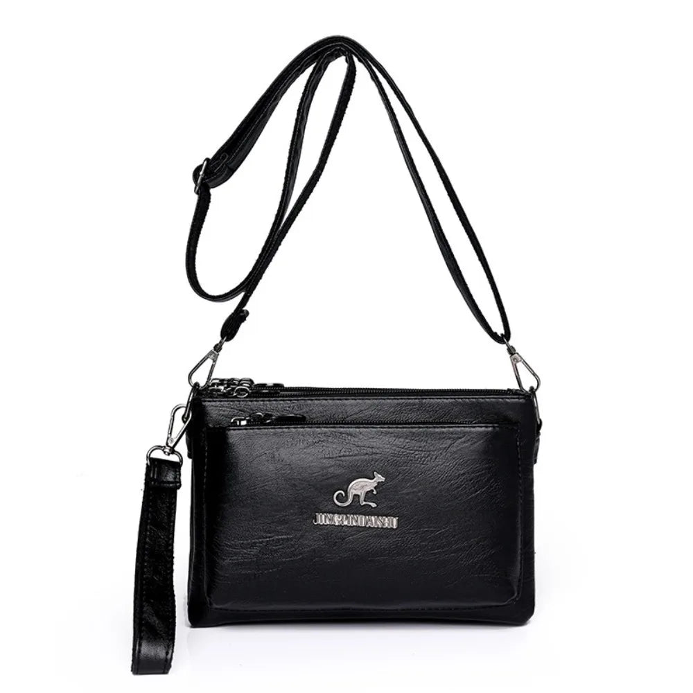 Soft Multiple Zip Pockets Shoulder Bag Waterproof Large Capacity PU Leather Crossbody Bag Simple Solid Color Square Phone Bag