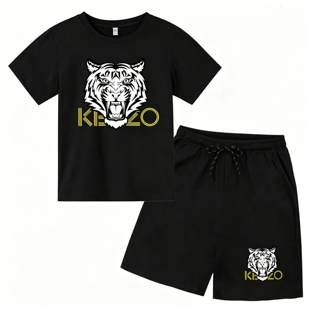 Summer new tiger head print casual suit men's short sleeved T-shirt+shorts two-piece set