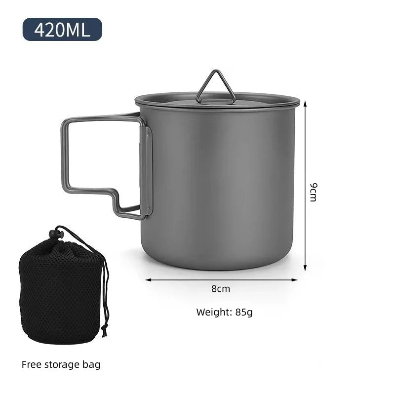 Titanium Camping Cookware Set with Folding Mug (420ml/750ml) and 750ml Pot, Lightweight Portable Outdoor Kit for Hiking Backpack